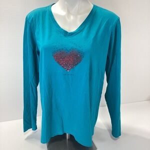 Life Is Good Teal Long Sleeve Heart Shirt XL Heart Design
